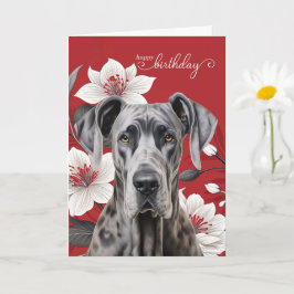 Cartão Dogue Alemão Aniversário Lírios Brancos em Vermelh
