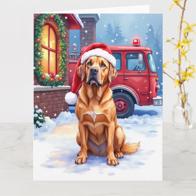 Cartão Dogue de Bordeaux Firefighter Station Santa Hat (Flor Amarela)