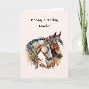 Cartão Dois Cavalos com Decoração das Penas Boho Aniversá