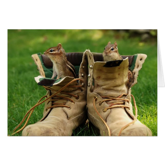 Cartão dois esquilos em botas de trabalho (Frente Horizontal)