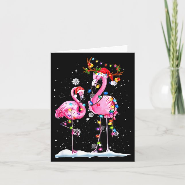 Cartão Dois Flamingo Com Chapéu De Papai Noel E Luzes Mer (Frente)