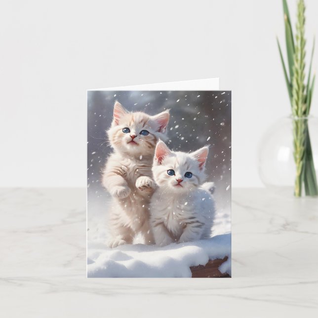 Cartão Dois Gatinhos Olhos Azuis Jogando Vazio de Neve Sa (Frente)