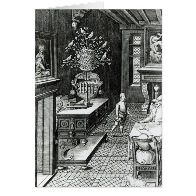 Cartão Dois homens ouvem uma escultura musical (Frente)