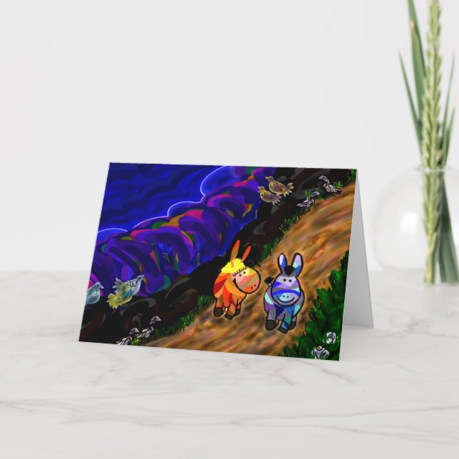 Cartão donkeys walking by the sea (Frente)