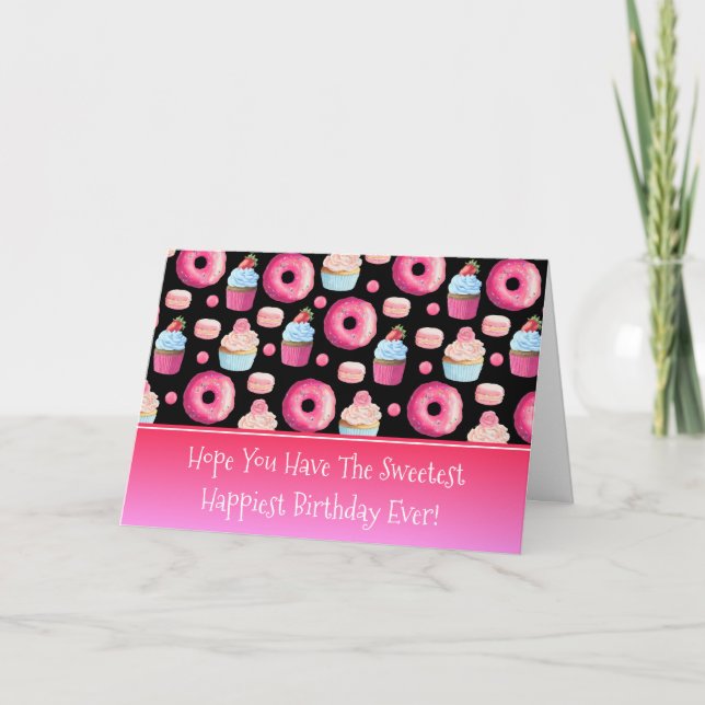 Cartão Donuts Macarons And Cupcake Pattern Happy Birthday (Frente)