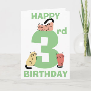 Cartão Doodle de Gatos de Aniversário de 3 Três Anos Mens