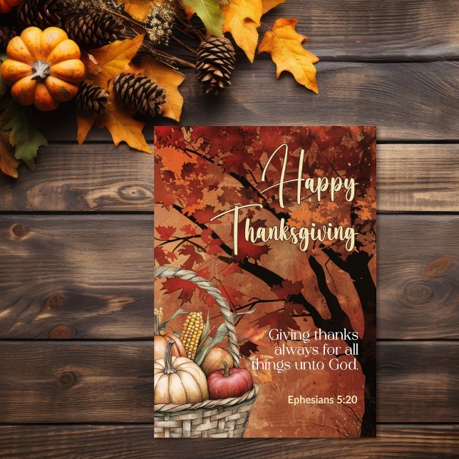 Cartão Dossel de Folhas Vermelhas Efésios 5:20 Feliz Dia  (Leafy canopy harvest Bible verse Thanksgiving Card)