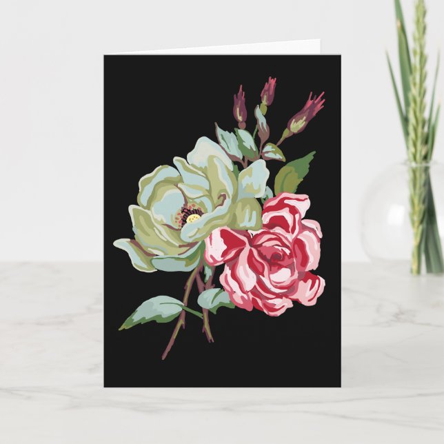 Cartão Double Rose on Black Greeting Card - blank inside (Frente)
