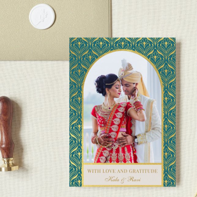 Cartão Dourada Arte Deco Casamento Obrigado Foto (indian wedding thank you card, hindu wedding thank you card, art deco gold mundap arch photo card)