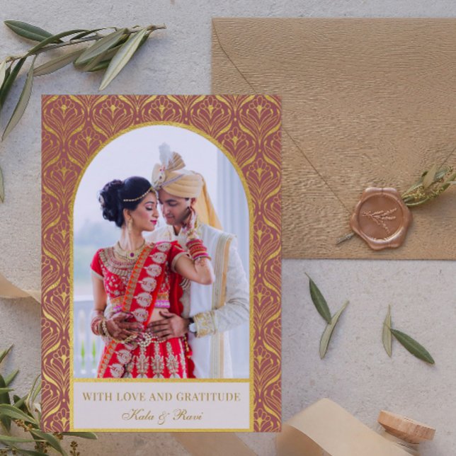 Cartão Dourada Arte Deco Casamento Obrigado Foto (indian wedding thank you card, hindu wedding thank you card, art deco gold mundap arch photo card)