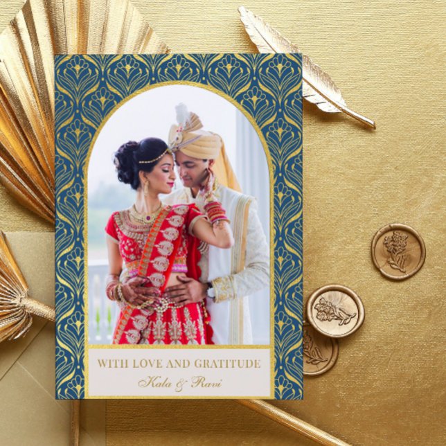 Cartão Dourada Arte Deco Casamento Obrigado Foto (indian wedding thank you card, hindu wedding thank you card, art deco gold mundap arch photo card)
