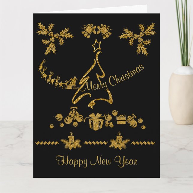 Cartão Dourada Glitter Feliz Natal, Papai Noel (Frente)