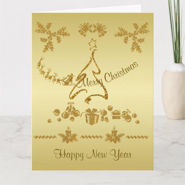 Cartão Dourada Glitter Feliz Natal, Papai Noel em ouro (Frente)