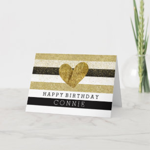 Cartão Dourado Black Stripes Dourado Cardíaco Aniversár