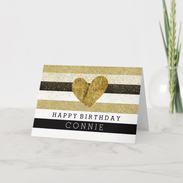 Cartão Dourado Black Stripes Dourado Cardíaco Aniversário (Frente)