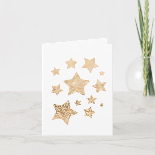 Cartão Dourado brilho Estrelas Feliz Natal Branco (Frente)