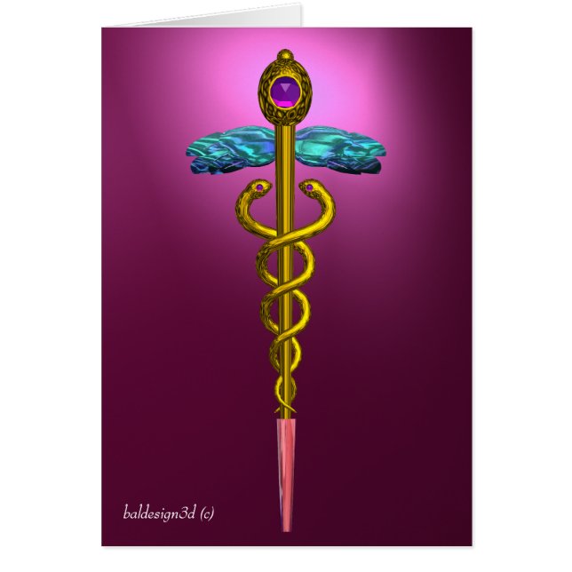 Cartão DOURADO CADUCEUS, Símbolo Médico Rosa Violeta Roxo (Frente)