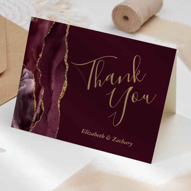 Cartão Dourado Casamento De Agata De Burgundy Obrigado (Criador carregado)