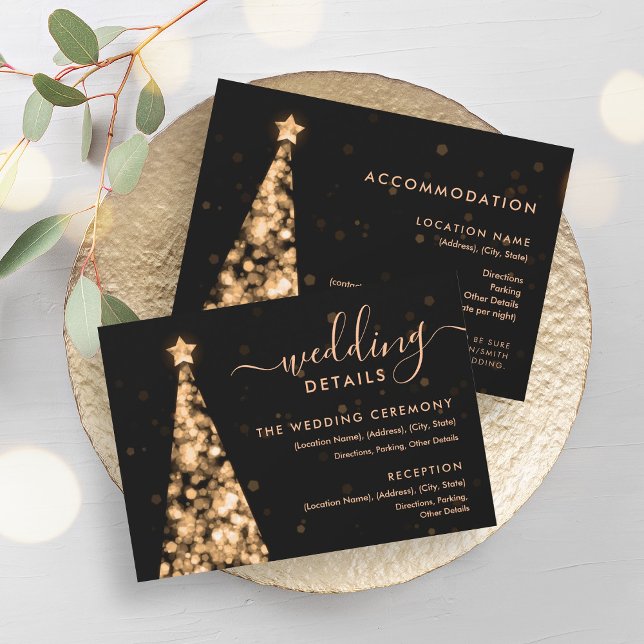 Cartão Dourado de Casamento da Árvore Festiva Xmas (Festive Xmas Tree Gold Wedding Details Card)