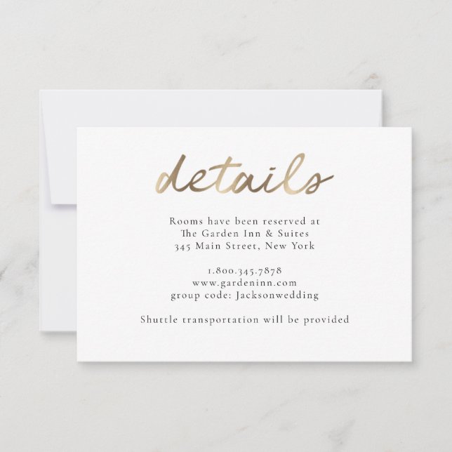 Cartão Dourado de Detalhes de Casamento (Frente)