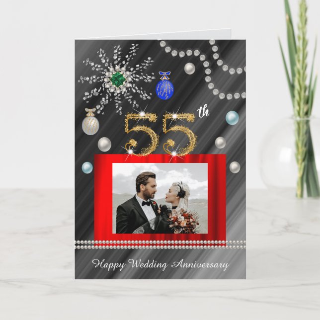 Cartão Dourado Emerald Glitter Gems 55º Aniversário de Ca (Frente)