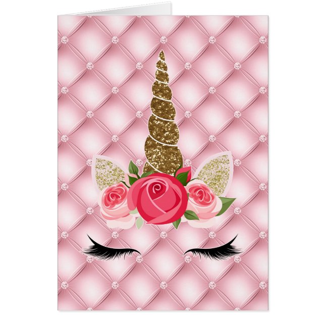 Cartão Dourado Glitter & Roses Rosa Partido Unicórnio Mui (Frente)