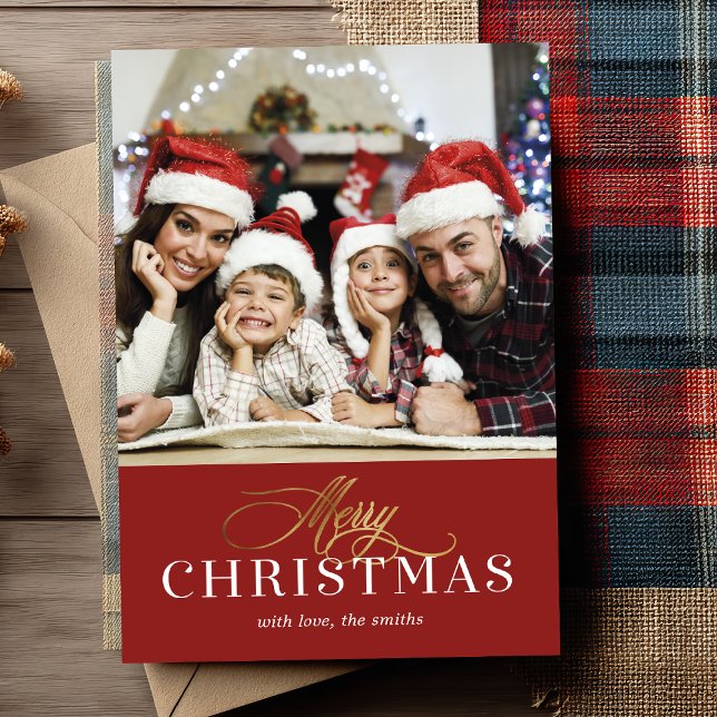 Cartão Dourado moderno do feriado da foto da folha (Wishing you a Merry Christmas ✨ Send your love with this elegant family photo holiday card.)