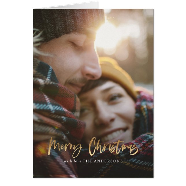 Cartão Dourado script merry christmas red tartan (Frente)