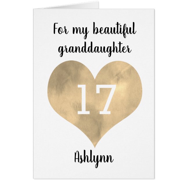 Cartão Dourado Watercolor Heart 17th Birthday (Frente)