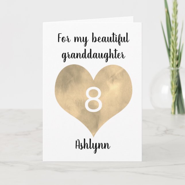 Cartão Dourado Watercolor Heart 8th Birthday (Frente)