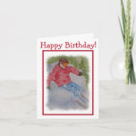 Cartão Downhill Skier Happy Birthday<br><div class="desc">Happy Birthday Card featuring a downhill skier wearing a red jacket,  blue jeans and gold goggles - racing the slopes of powder - an awesome card for any winter sport lover .. Skier has been painted in watercolors by the designer</div>