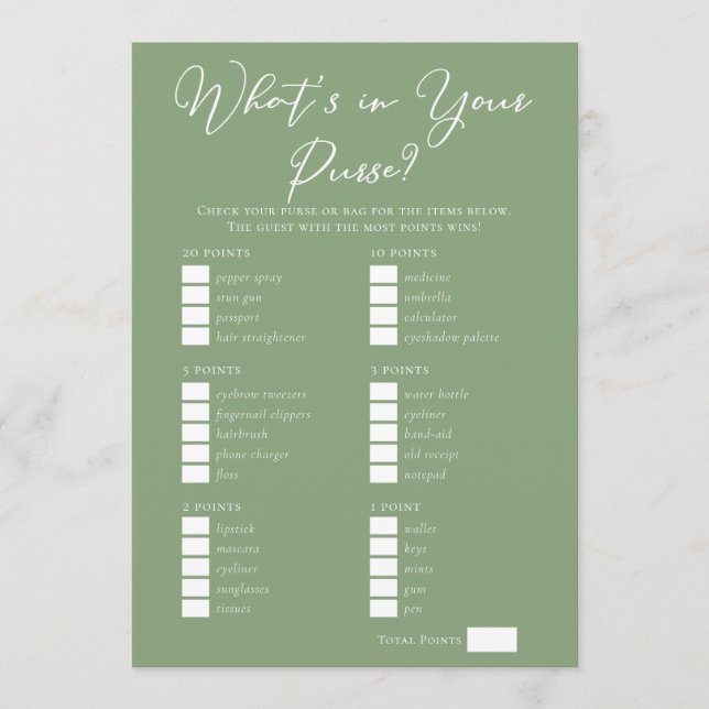 Cartão Downloadable Sage Green Purse Bridal Shower Game (Frente)