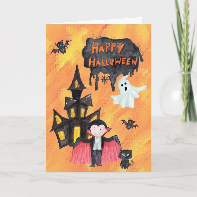 Cartão Dracula Haunk House Kids Halloween (Frente)