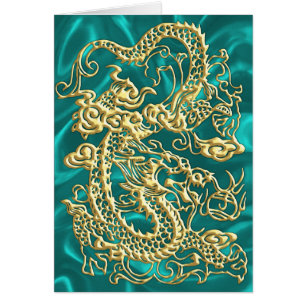 Cartão Dragão Dourado em relevo na Turquesa Satin Impress