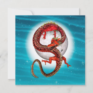 Cartão Dragão Lua Vermelha Arte de Fantasia Celestial