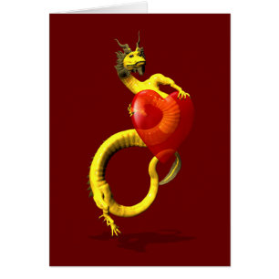 Cartão Dragão ouro Com Grande Coração Vermelho
