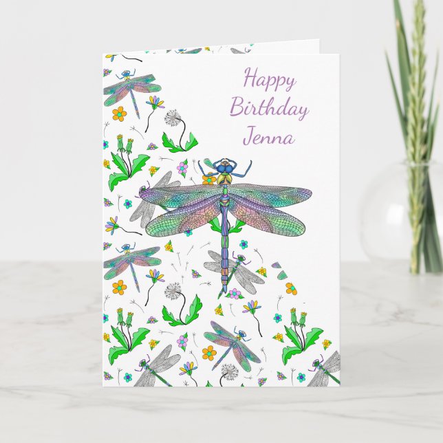 Cartão Dragonflies personalizados e Dandelions Aniversári (Frente)