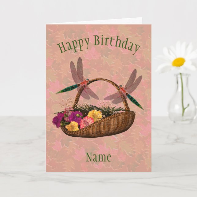 Cartão Dragonfly Flower Basket Art Personalizado Aniversá (Planta pequena)