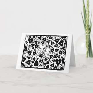 Cartão Drama masks, hearts, keys, a maze.  Greeting Card.