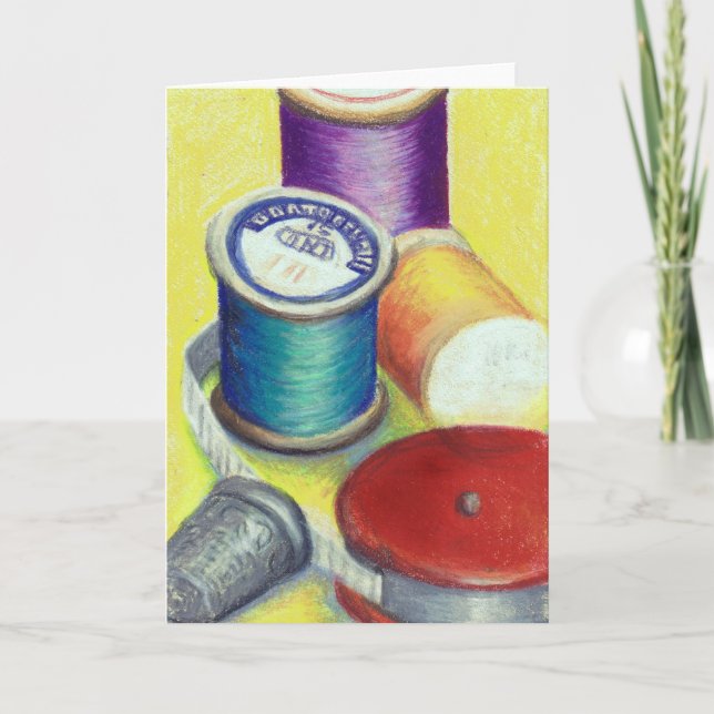 Cartão Drawing of Wooden Spools for Quilters - Greeting C (Frente)