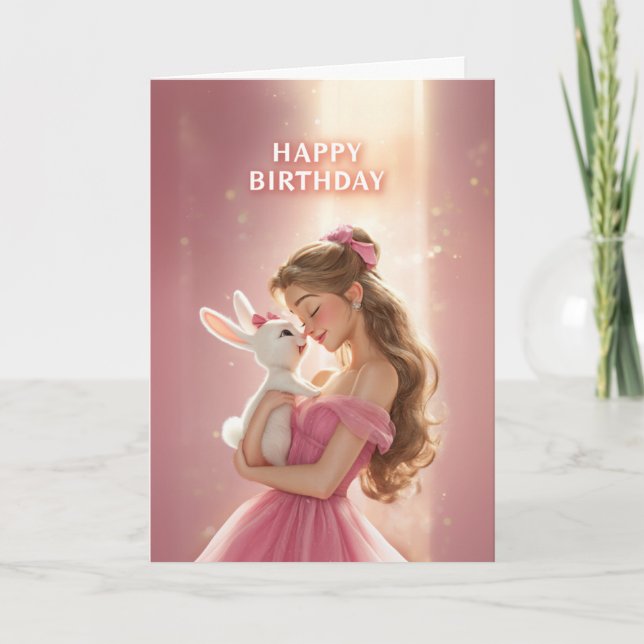 Cartão Dreamy Bday Card With Pretty Girl & Cute Bunny (Frente)