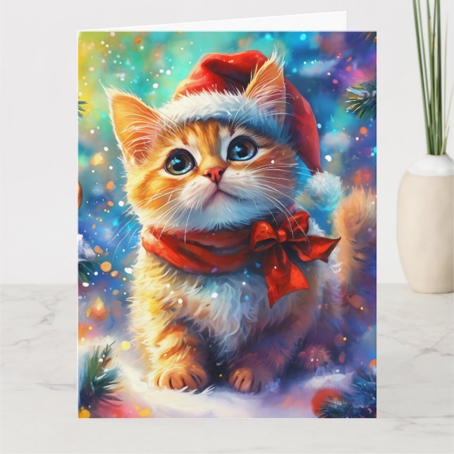 Cartão Dreamy Ginger Kitten em Santa Hat Watercolor (Frente)
