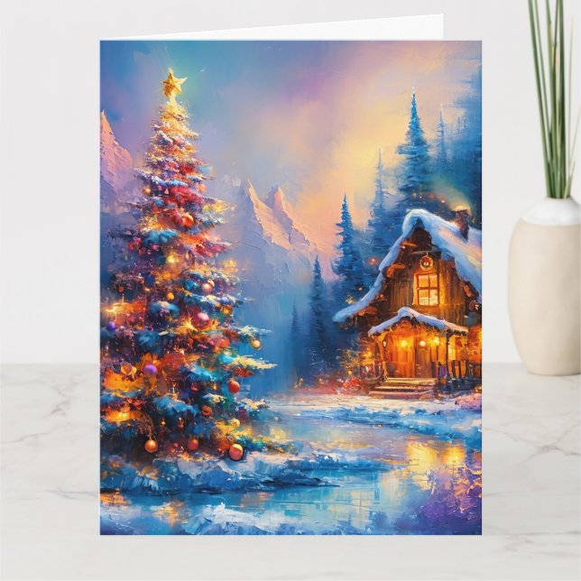 Cartão Dreamy Whimsical Mountain Cabine de Natal (Frente)