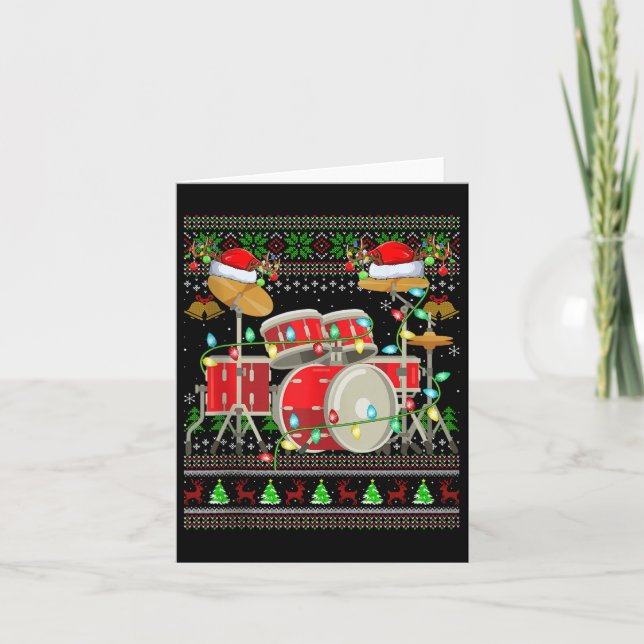 Cartão Drum Ugly Christmas Sweater Musical Drum Player Dr (Frente)