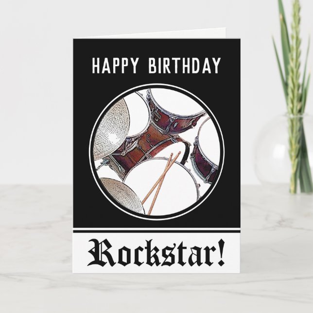 Cartão Drummer Birthday Drum Rockstar Músico Batendo C (Frente)