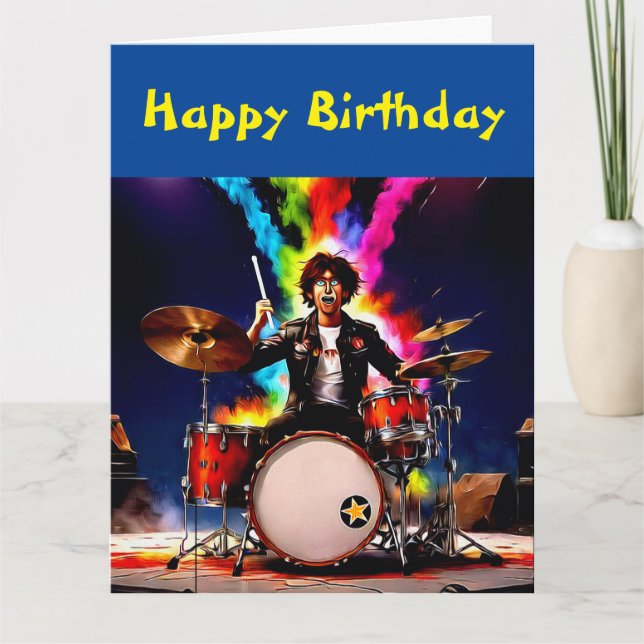 Cartão Drummer tocando seu conjunto de tambores a quente (Frente)