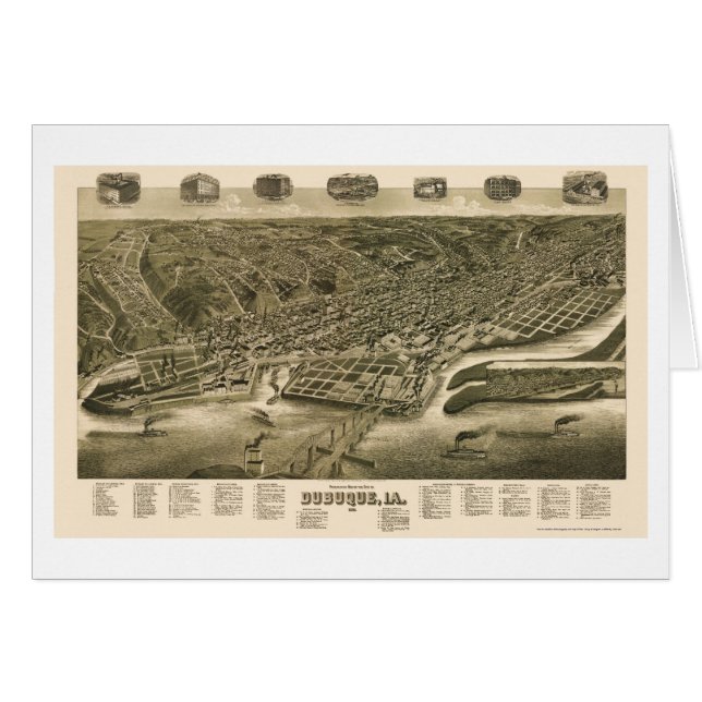 Cartão Dubuque, mapa panorâmico de Iowa - 1889 (Frente Horizontal)