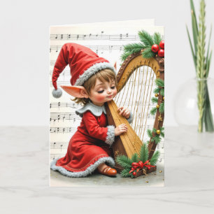 Cartão Duende de Natal Tocando uma Harpa