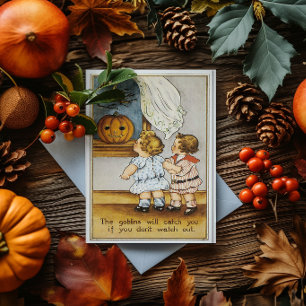 Cartão Duendes e crianças vintage de Halloween