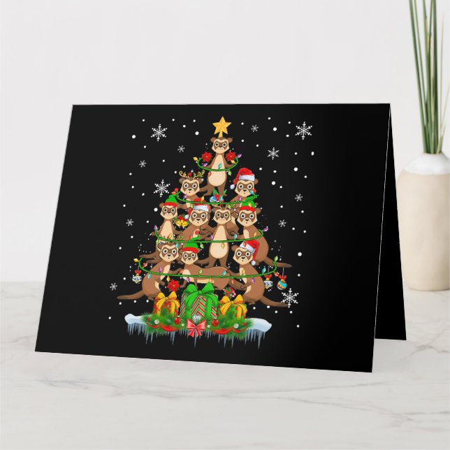 Cartão Duendes Rena Santa Furões Luzes Árvore de Natal F (Frente)